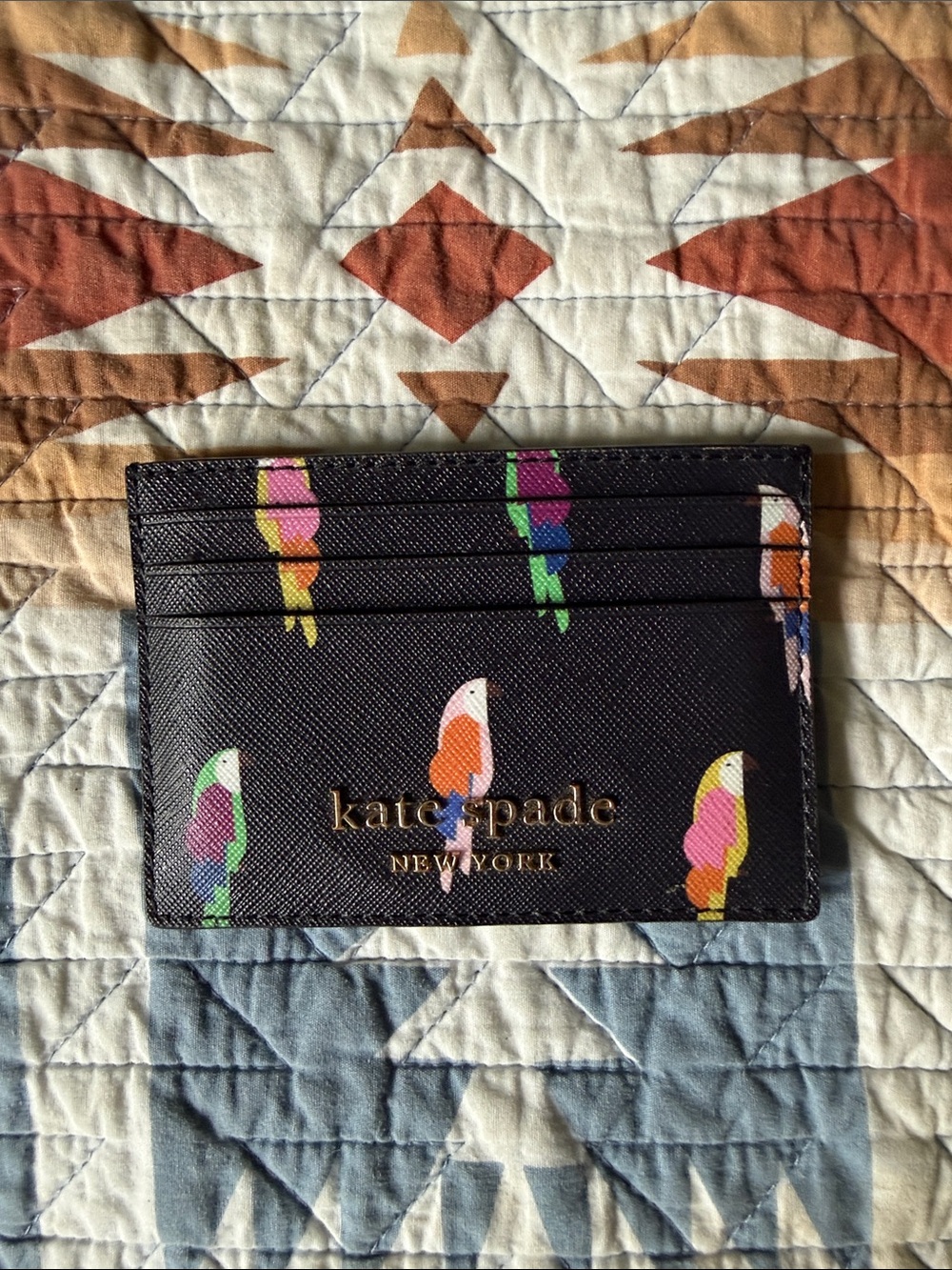 kate spade Black Card Holder with Colorful Parrot Print